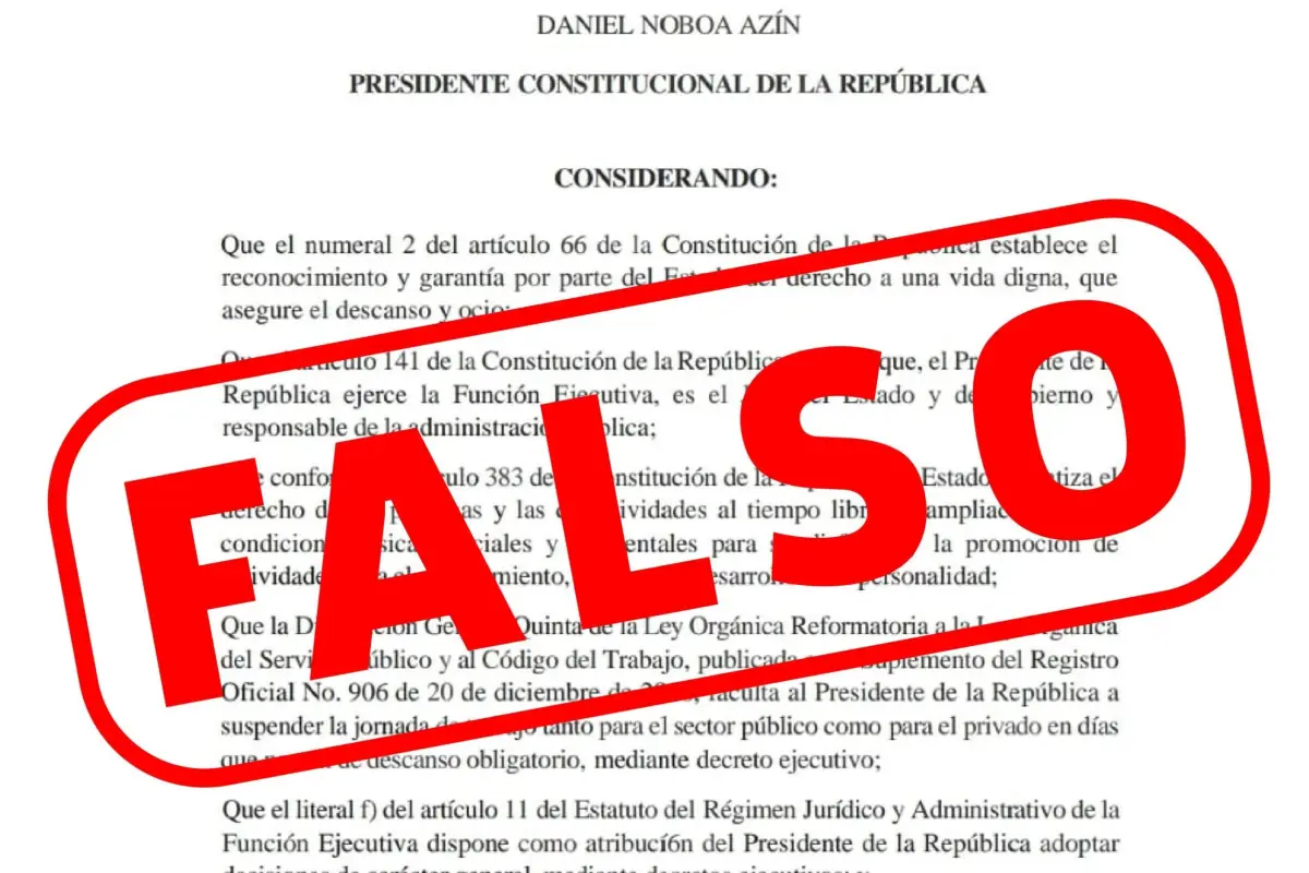 Alerta Ecuador: Falso Decreto Ejecutivo de feriado nacional circula en las redes sociales.