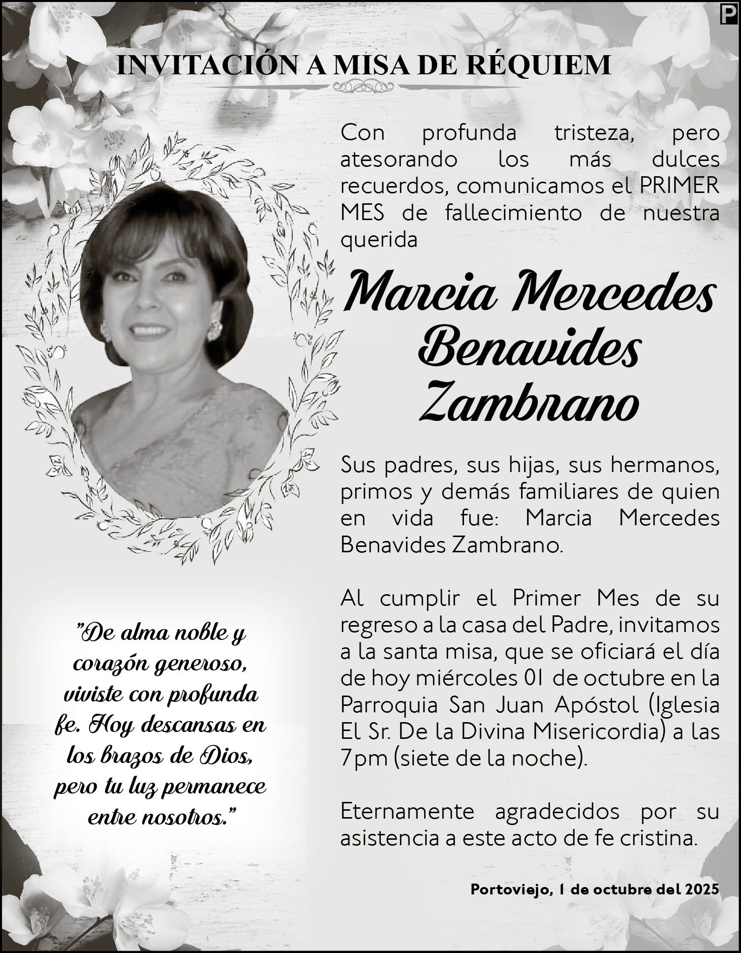 INVITACIÓN A MISA: Marcia Mercedes Benavides Zambrano