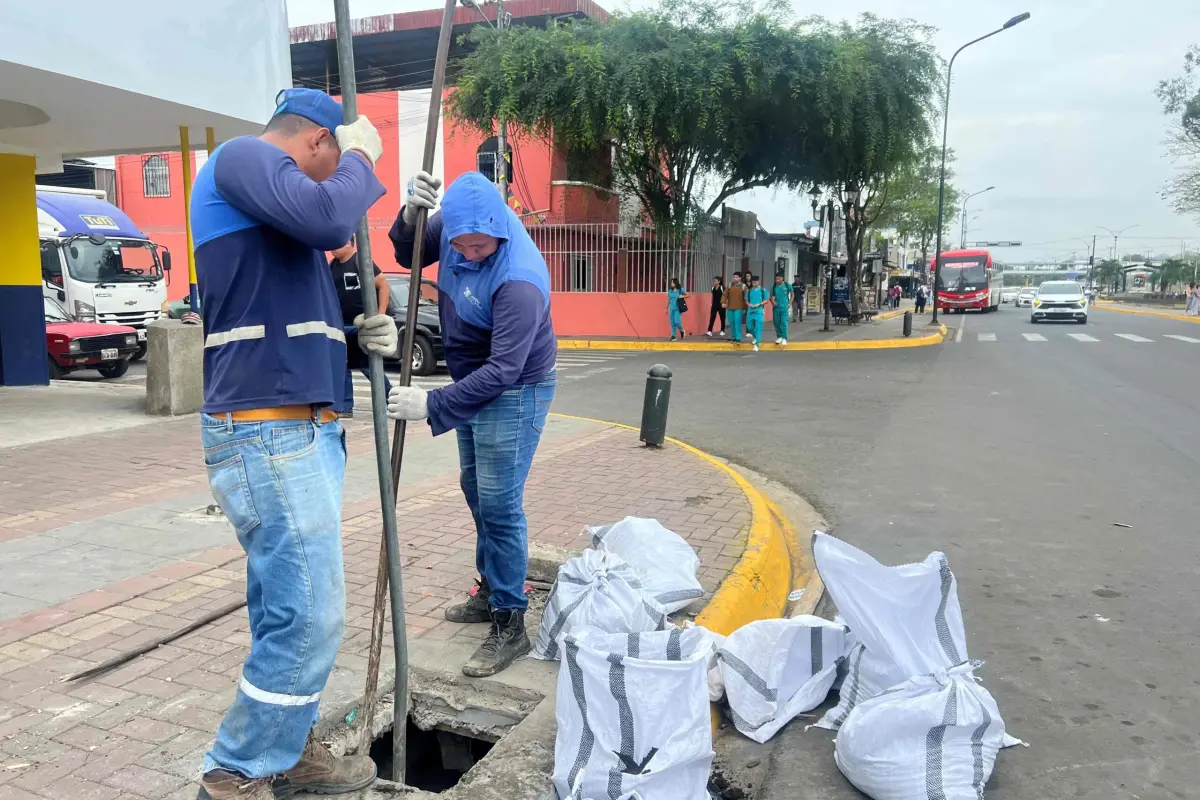 limpieza suideros alcantarillas, Personal de Portoaguas realiza la limpieza. El lodo de los sumideros es retirado y se coloca en sacos.