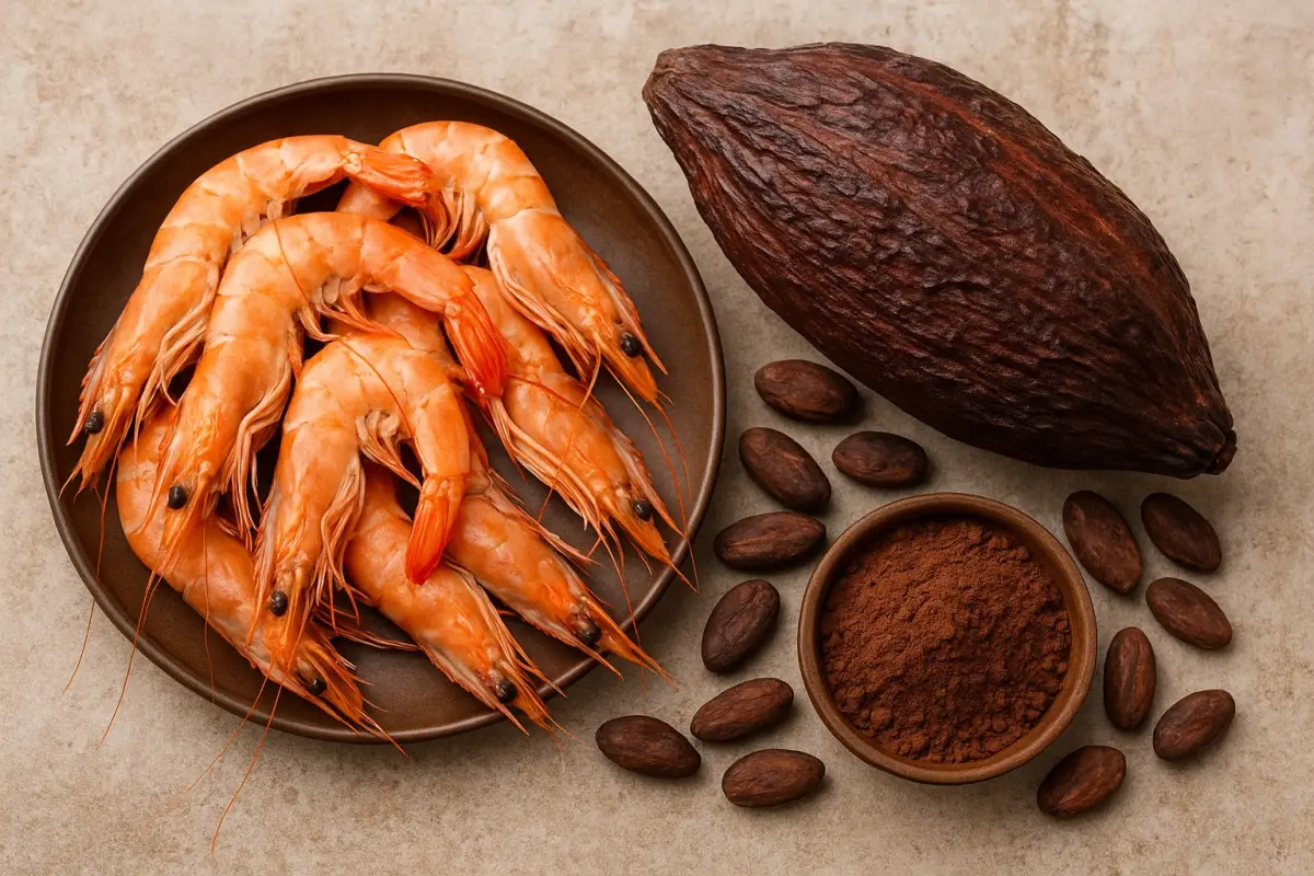 El camarón y el cacao se consolidaron como los productos de mayor exportación en este 2025. FOTO: Inteligencia Artificial