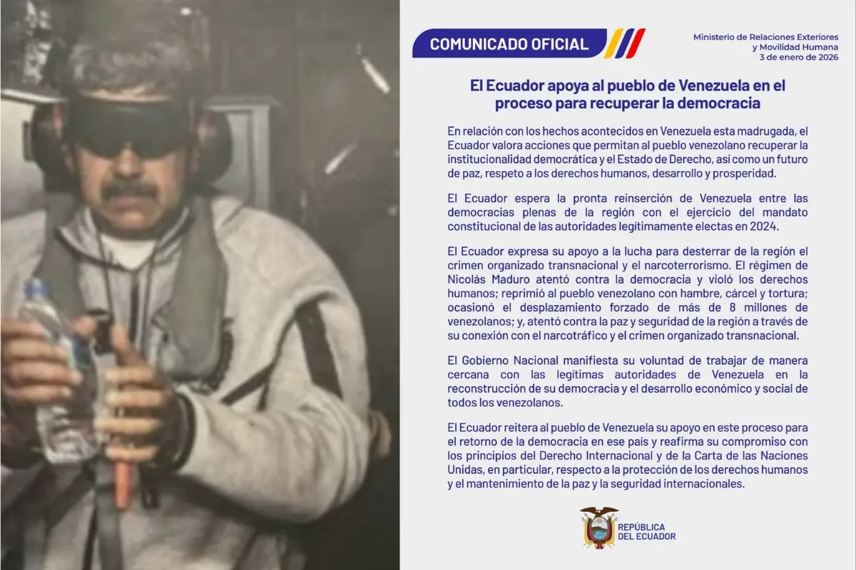 La Cancillería de Ecuador respalda proceso de recuperación democrática en Venezuela tras la captura de Nicolás Maduro, 