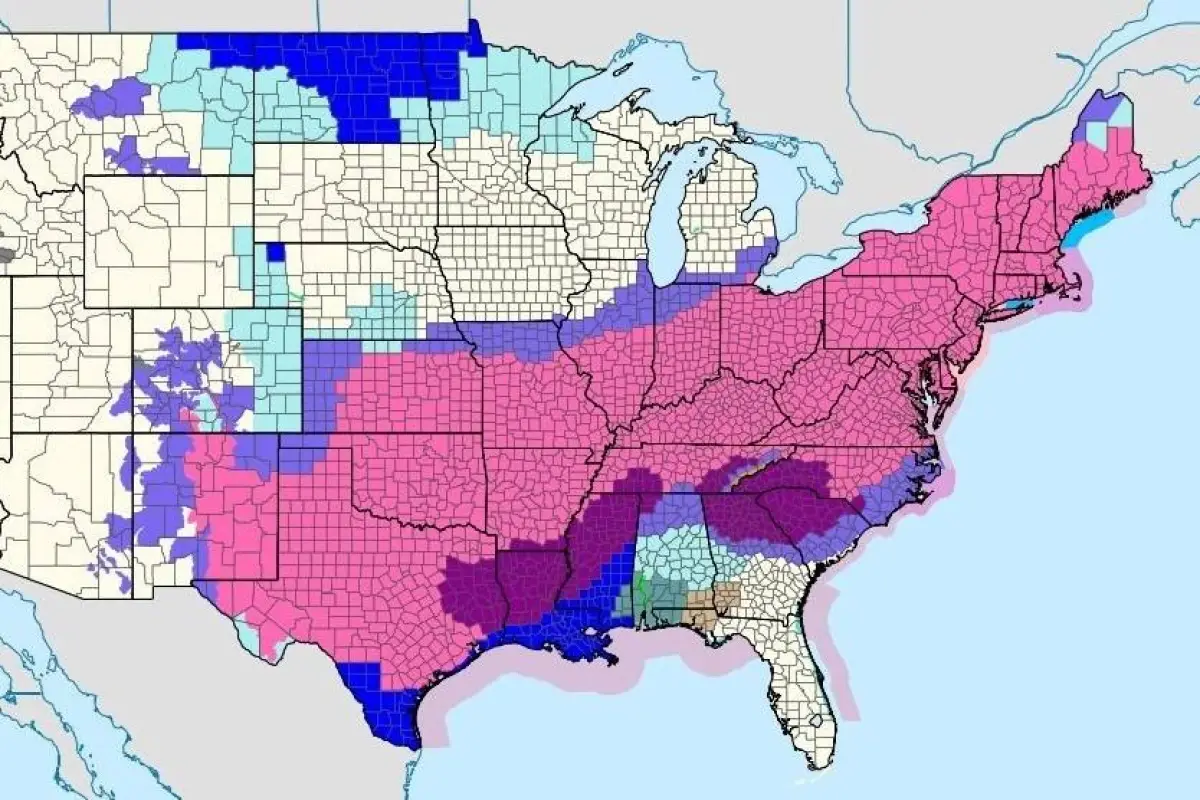 Mapa de zonas en alerta por la tormenta invernal publicado por el Servicio Meteorológico de Estados Unidos