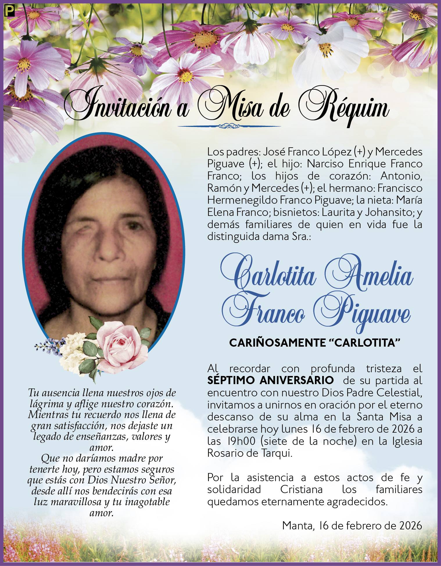 Misa Carlotita Amelia Franco Piguave, medios ediasa