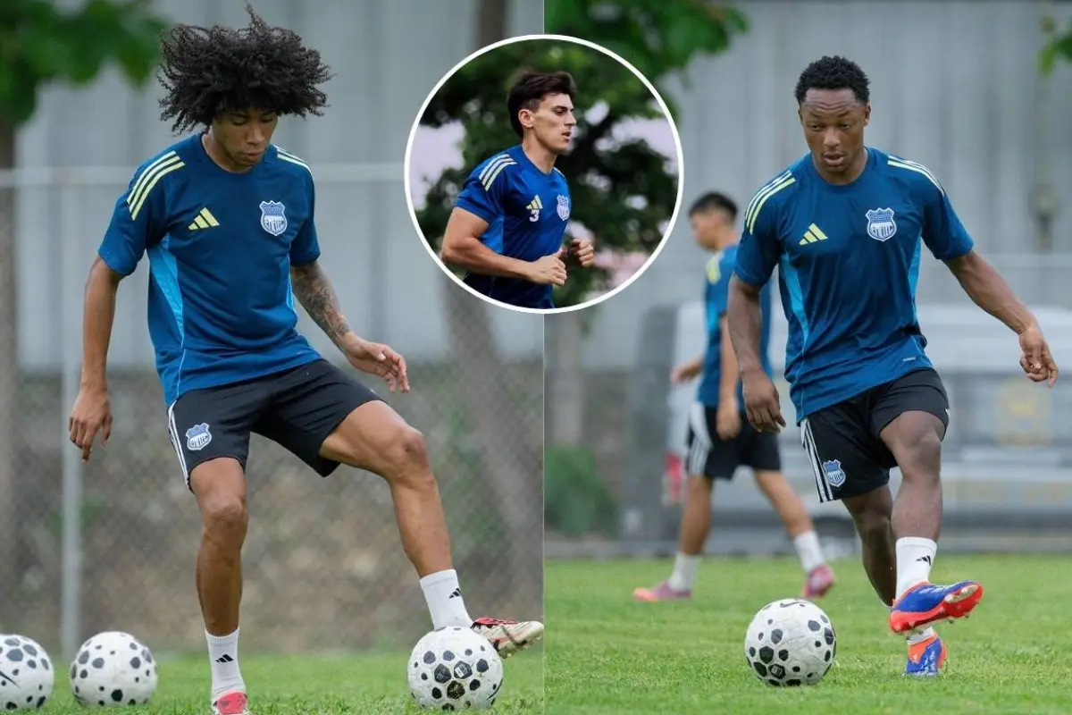 Angelo Mina, Ignacio Guerrico (círculo) y Ariel Mina en un entrenamiento de Emelec