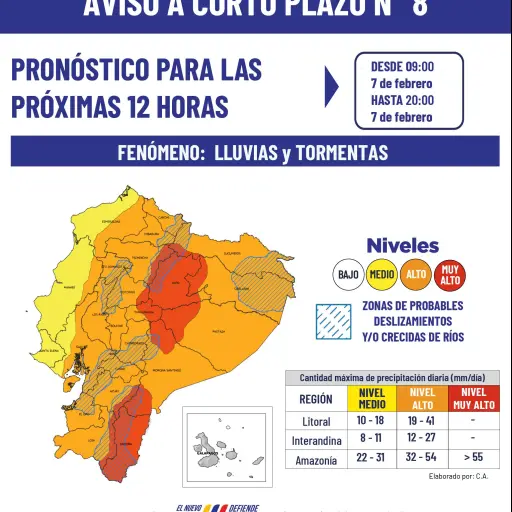 Inamhi advierte lluvias intensas y tormentas para este sábado 7 de febrero en gran parte de Ecuador