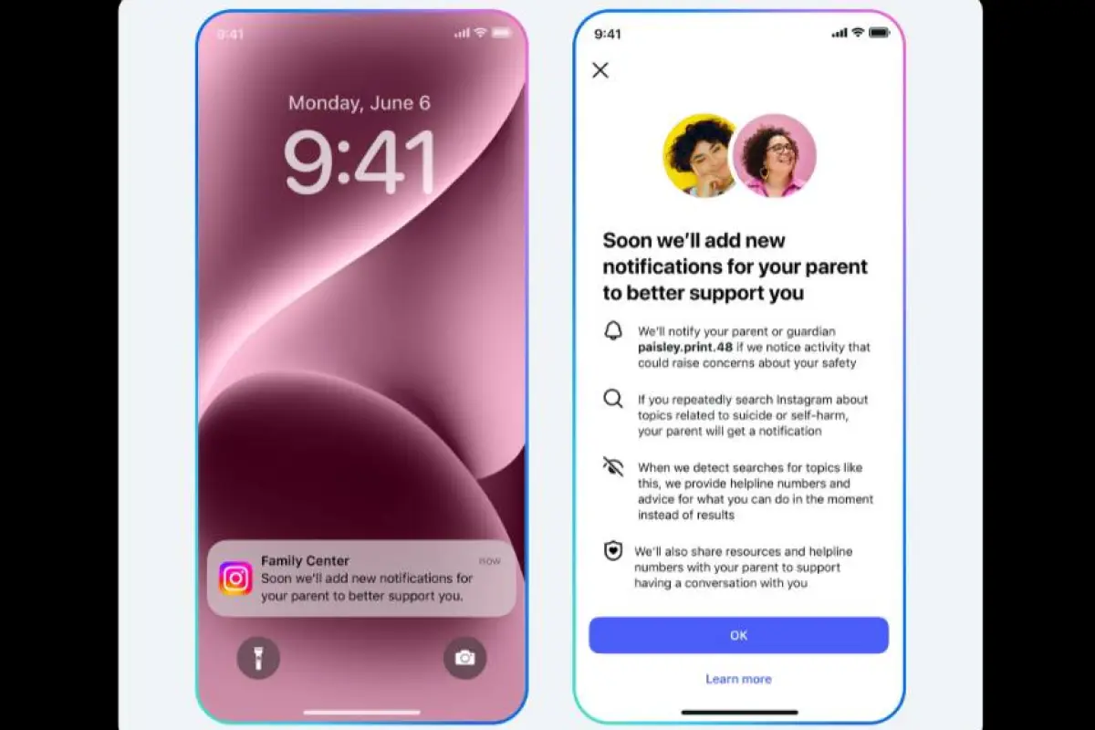 Así se ven las notificaciones sobre búsquedas de menores relacionadas con el suicidio o la autolesión en Instagram.