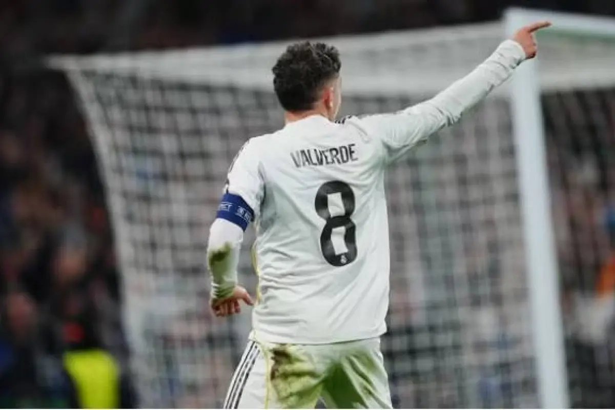 El centrocampista uruguayo Fede Valverde celebra un gol con el Real Madrid CF en la Champions 2025-26., Europa Press.