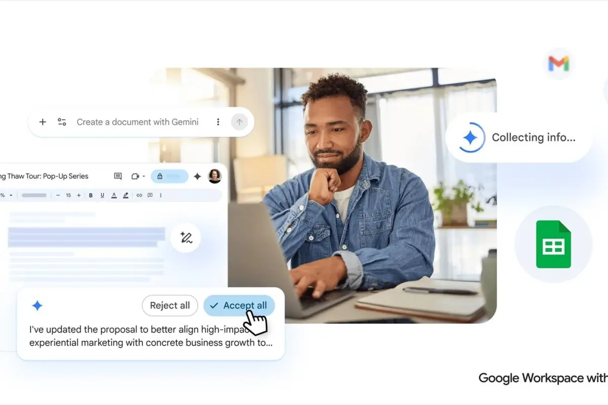 Interfaz de Gemini en Google Docs mostrando la generación automática de un borrador de acta de reunión profesional.