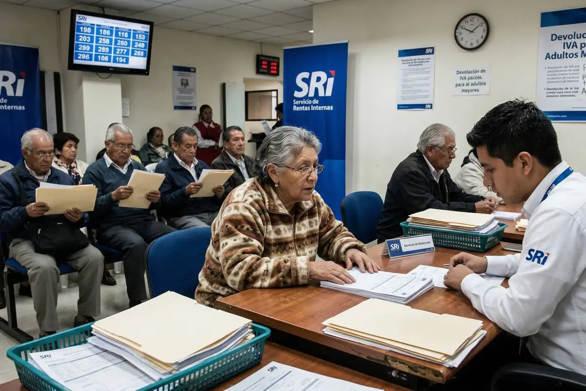 Ciudadano adulto mayor presenta documentos en ventanilla del SRI Ecuador para reclamar la devolución del IVA pendiente de pago.