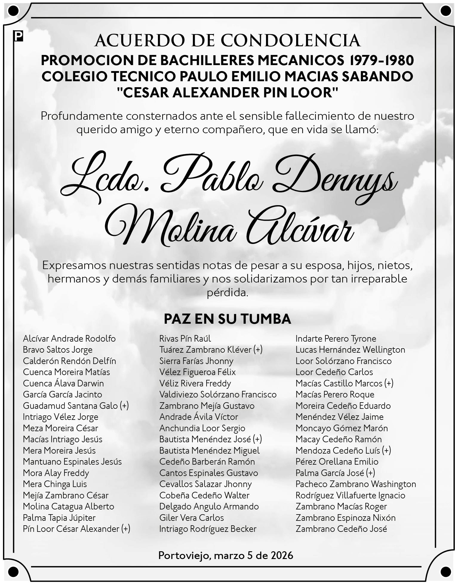 CONDOLENCIA Lcdo. Pablo Dennys Molina Alcívar, Medios Ediasa