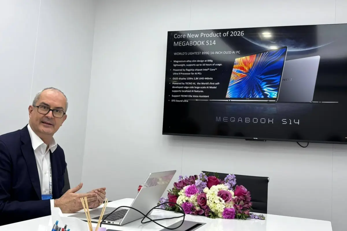 Portátiles TECNO Megabook S14 y T14 Air presentados en el MWC 2026 de Barcelona.