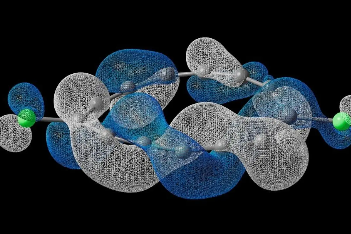 Representación científica de una molécula con topología electrónica half Möbius que muestra el recorrido helicoidal de los electrones.