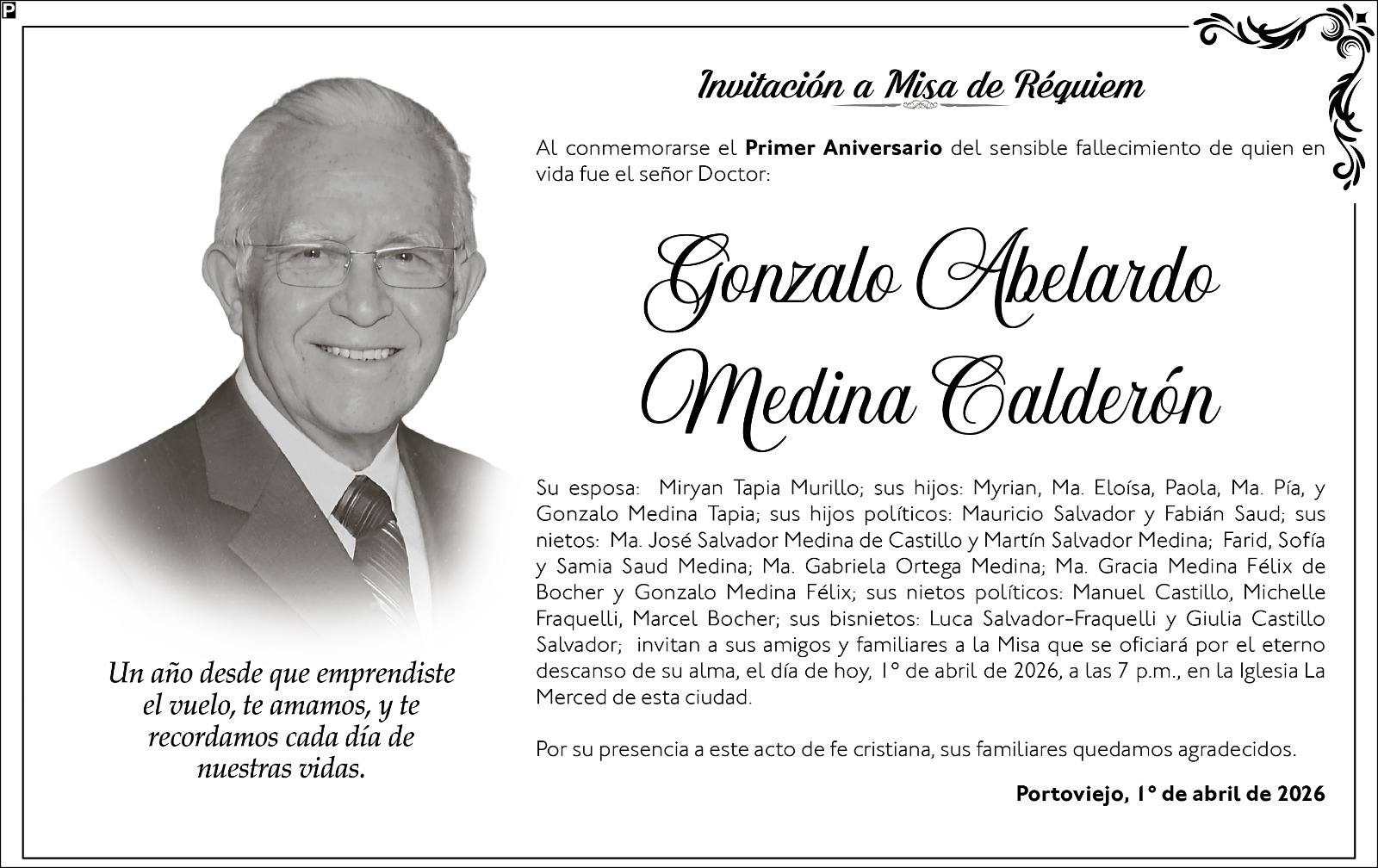 INVITACIÓN A MISA: Gonzalo Abelardo Medina Calderón