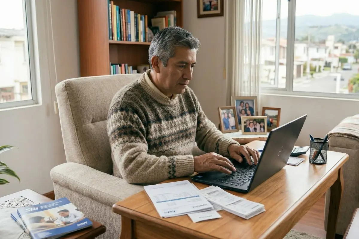 Persona adulta mayor solicita devolución del IVA 2026 en portal SRI en Línea desde computadora.