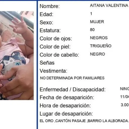 Activan Alerta Emilia por desaparición de niña de 1 año en Pasaje
