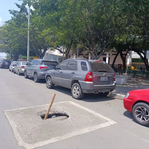 Caña advierte peligro por alcantarilla hundida frente al parque La Madre