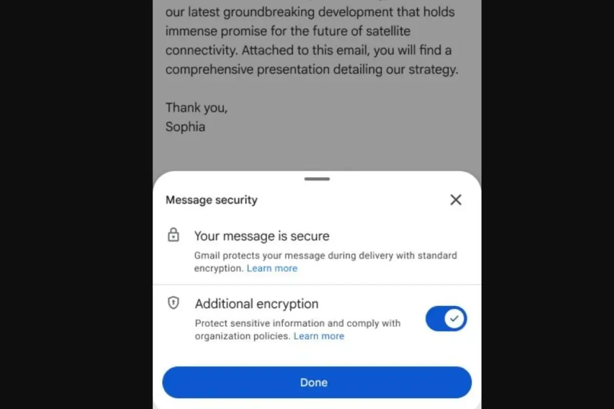 Interfaz de la aplicación móvil de Gmail mostrando la opción de cifrado de extremo a extremo en un smartphone.