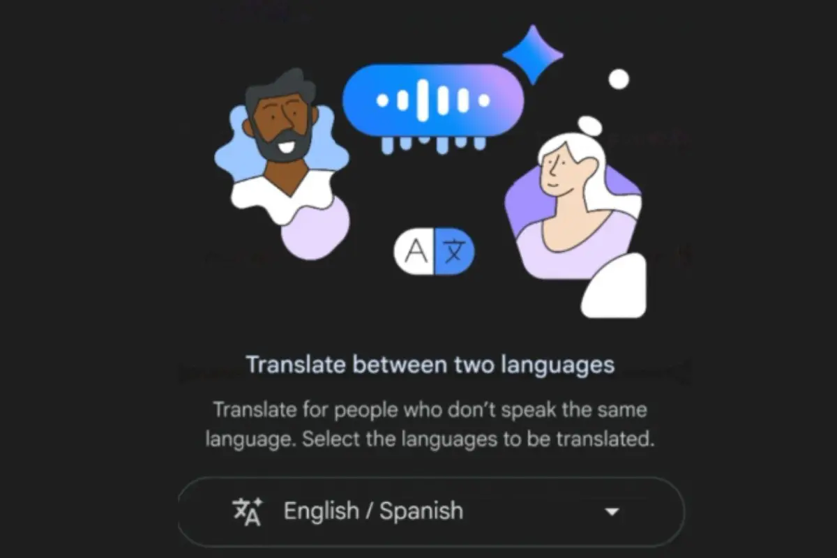 Aplicación Google Meet con menú de traducción de voz activo en un dispositivo móvil.