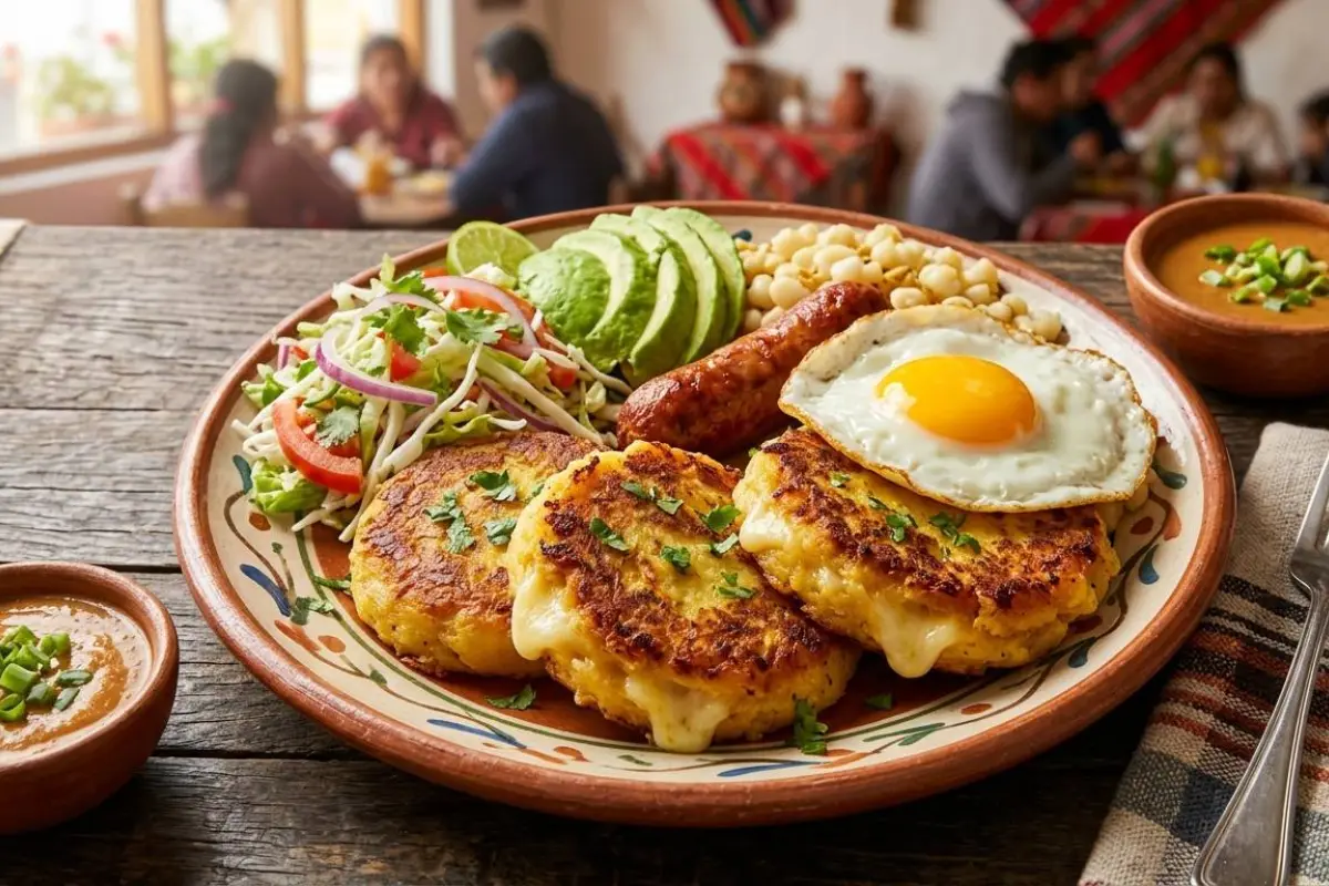 Los llapingachos se suelen acompañar de huevo frito, chorizo, aguacate, ensalada y salsa de maní. 