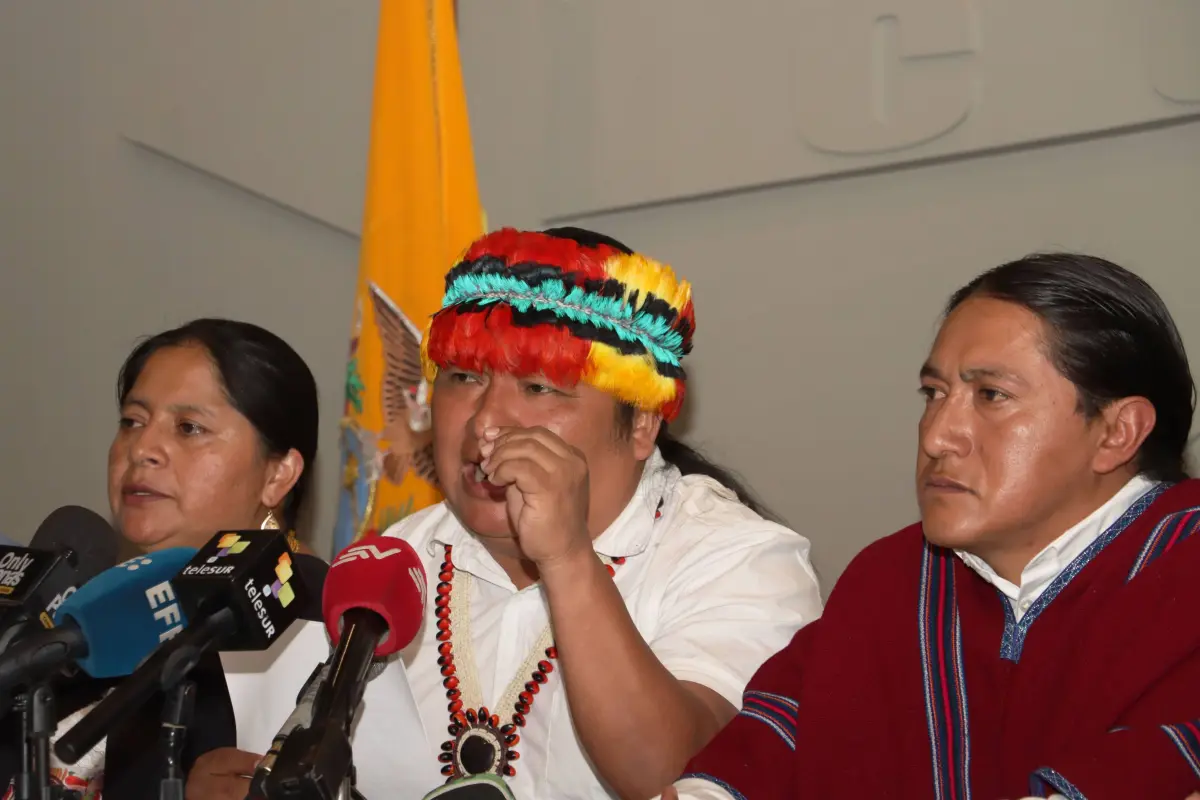 Marlon Vargas, presidente de la Conaie, en una rueda de prensa., API