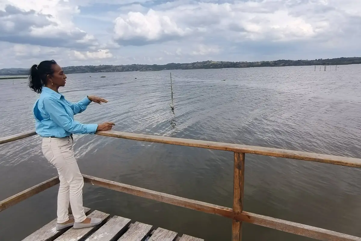 Una guía turística muestra la disminución del nivel de agua en El Humedal La Segua, en el cantón Chone, César Vélez