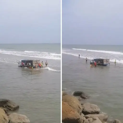 Camión de carga fue arrastrado por el mar en la playa de San Clemente