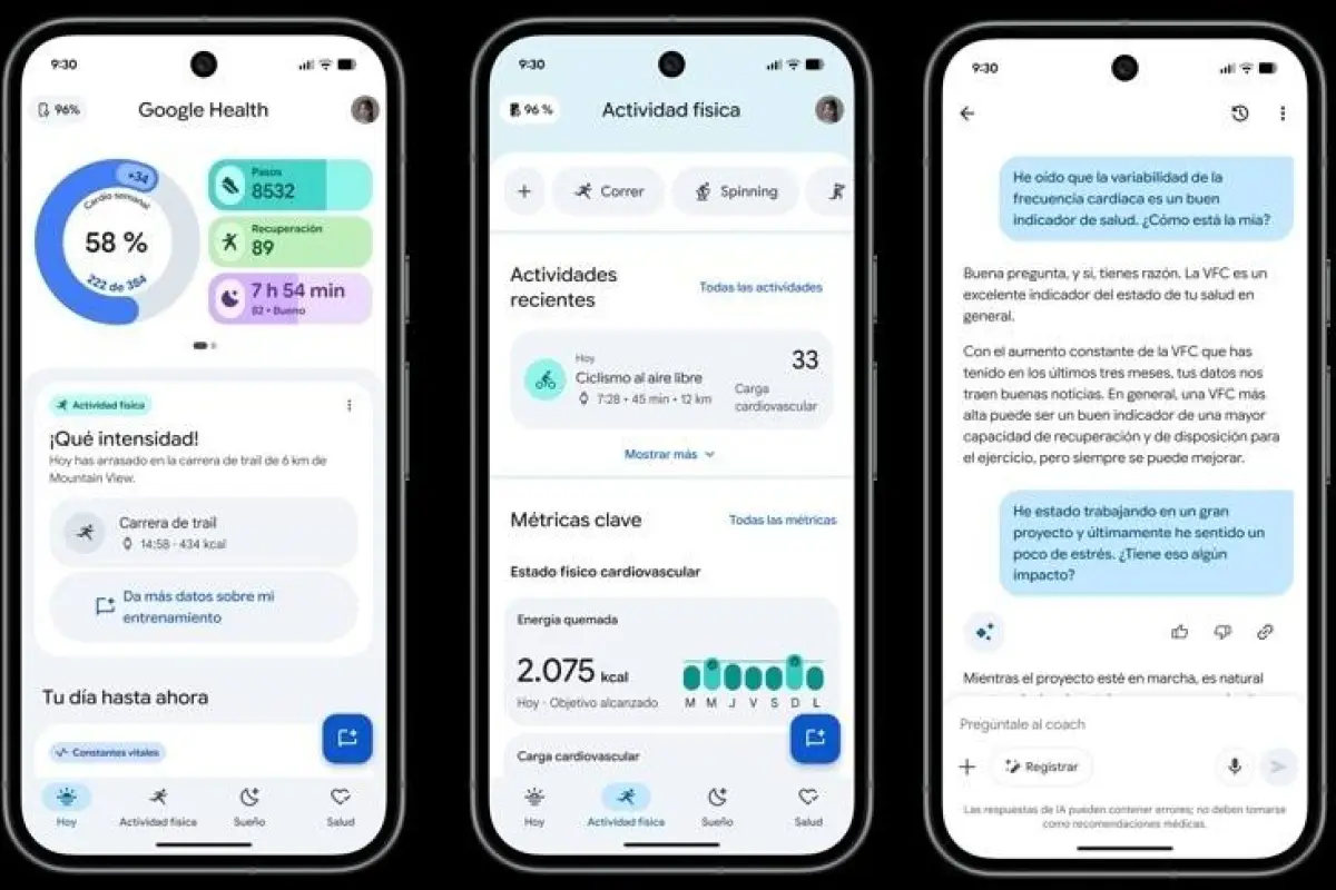 Interfaz de la aplicación Google Health mostrando gráficos de actividad física
