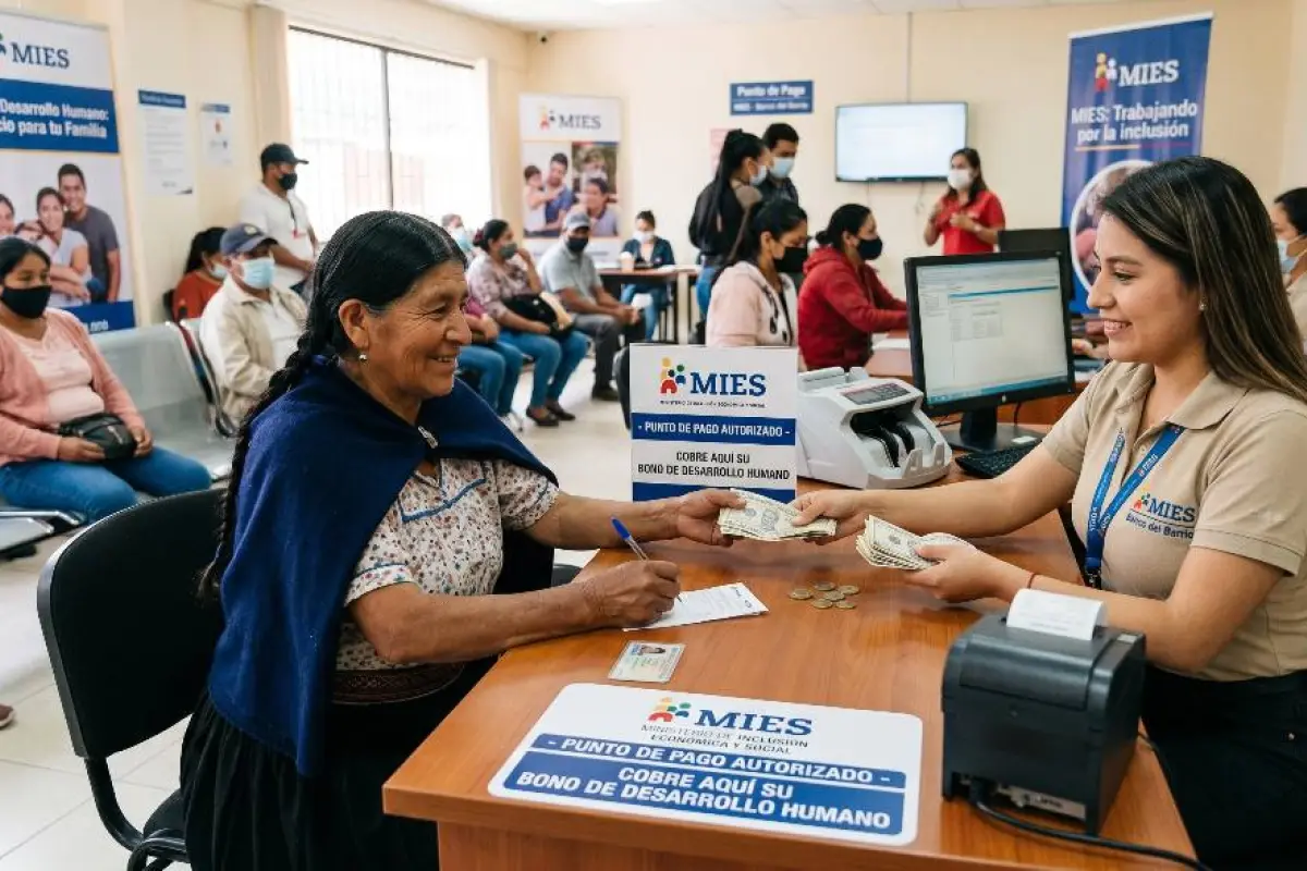 Mujer beneficiaria del Bono de Desarrollo Humano en punto de cobro autorizado en Ecuador
