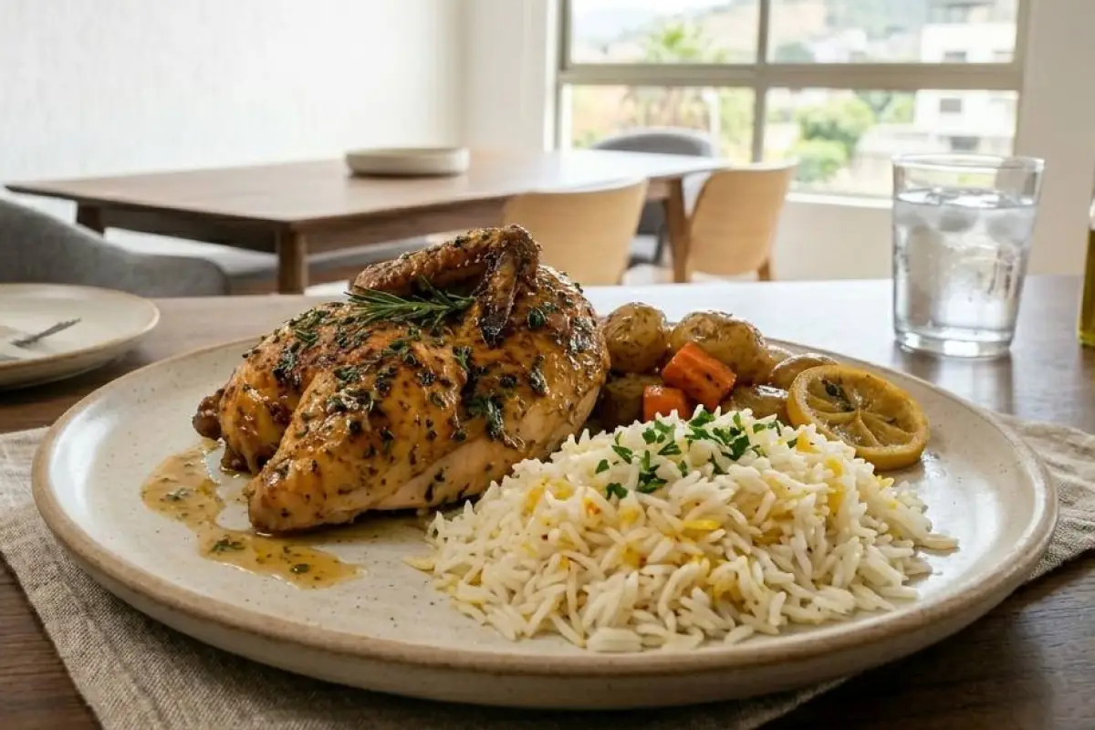 El arroz es un buen acompañante para este pollo al horno. 