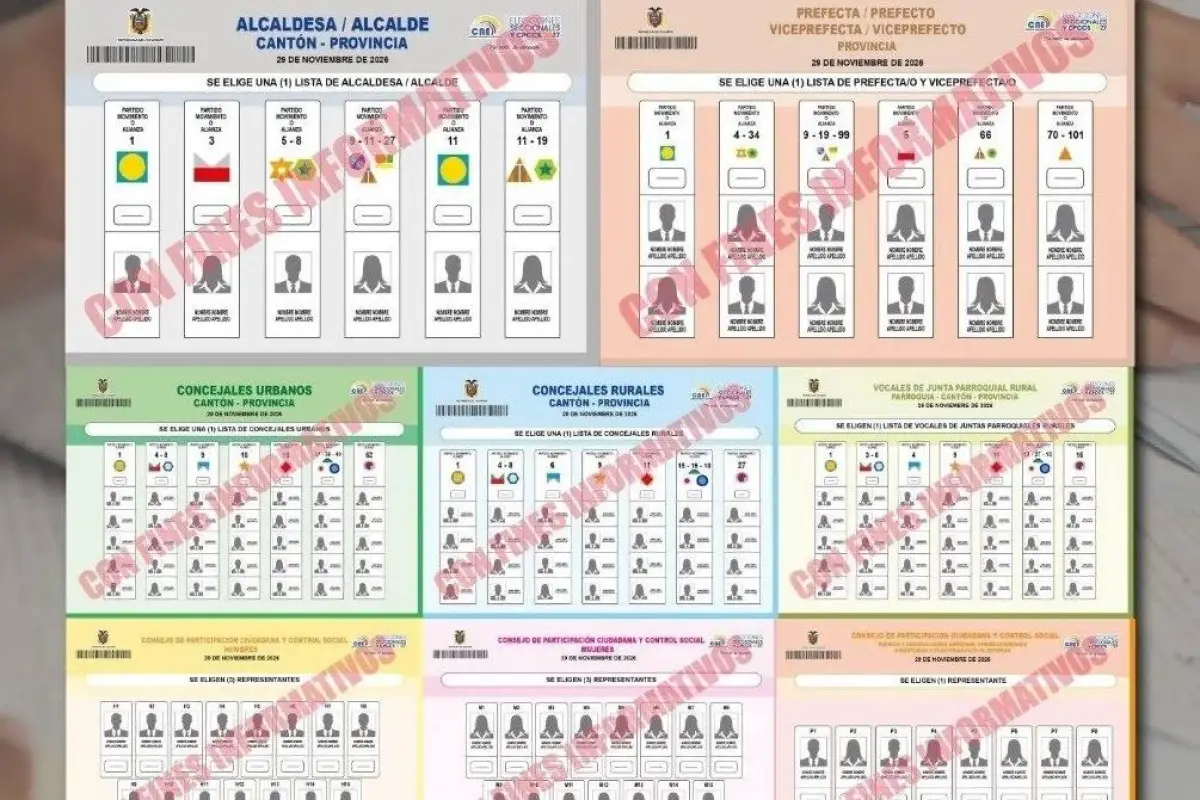 Los colores y modelos de papeletas que aprobó el CNE para las elecciones seccionales 2026., Foto: CNE