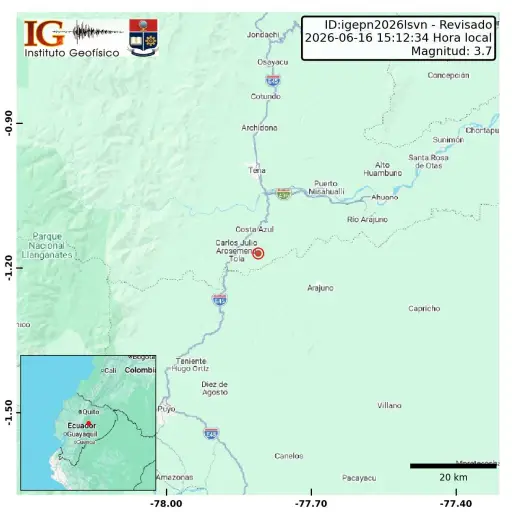 Sismo de magnitud 3.7 se registró cerca de Tena, en la provincia de Napo