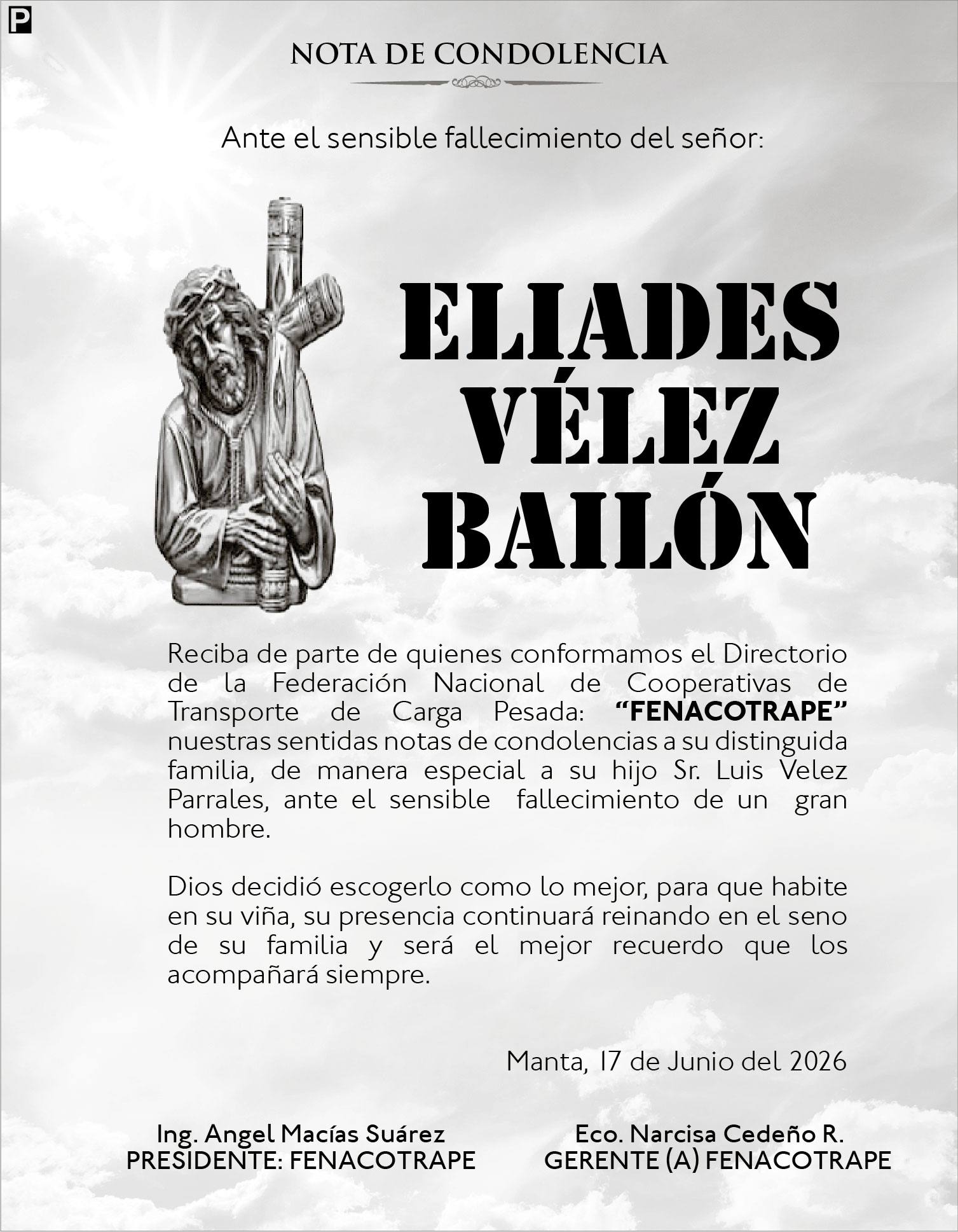 CONDOLENCIA ELIADES VELEZ BAILON, medios ediasa