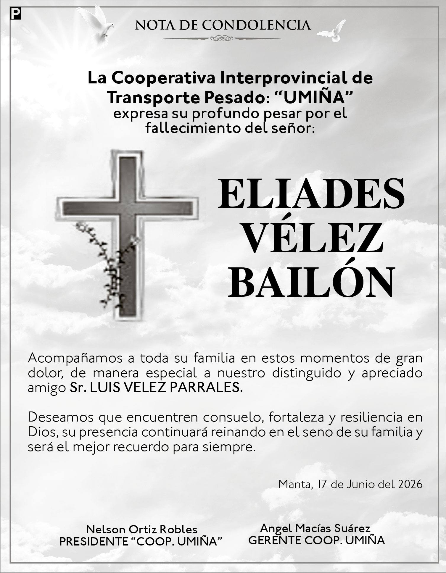 CONDOLENCIA ELIADES VELEZ BAILON, medios ediasa