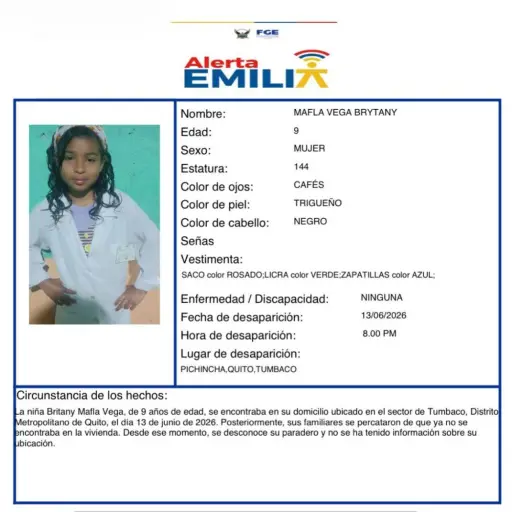 Activan Alerta Emilia tras reporte de desaparición de menor en Quito