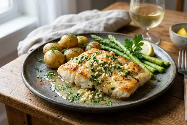 Filete de pescado blanco bañado en salsa de ajo y mantequilla, acompañado de patatas y espárragos.