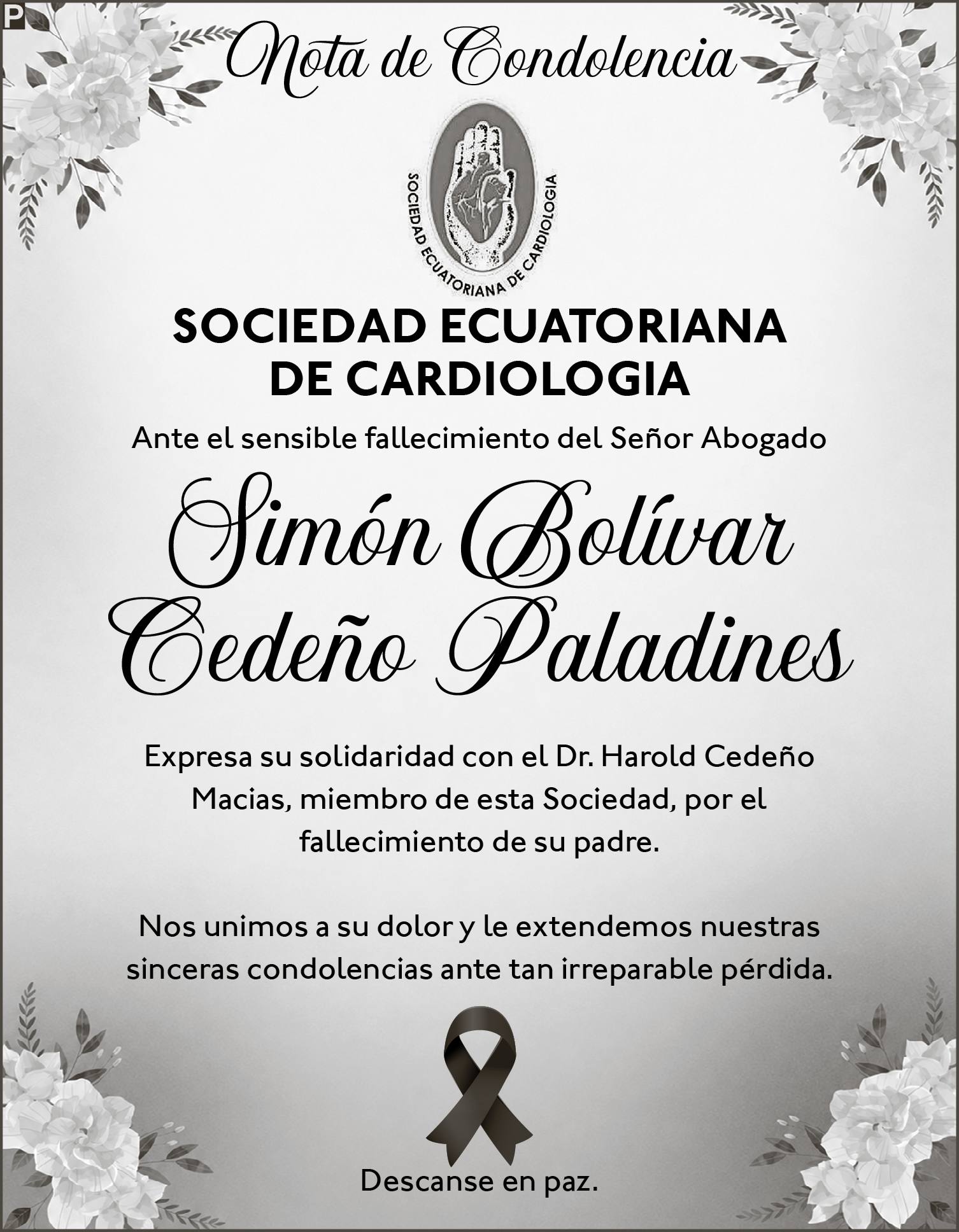 CONDOLENCIA SIMON BOLIVAR CEDEÑO PALADINES - CARDIOLOGIA, Medios Ediasa