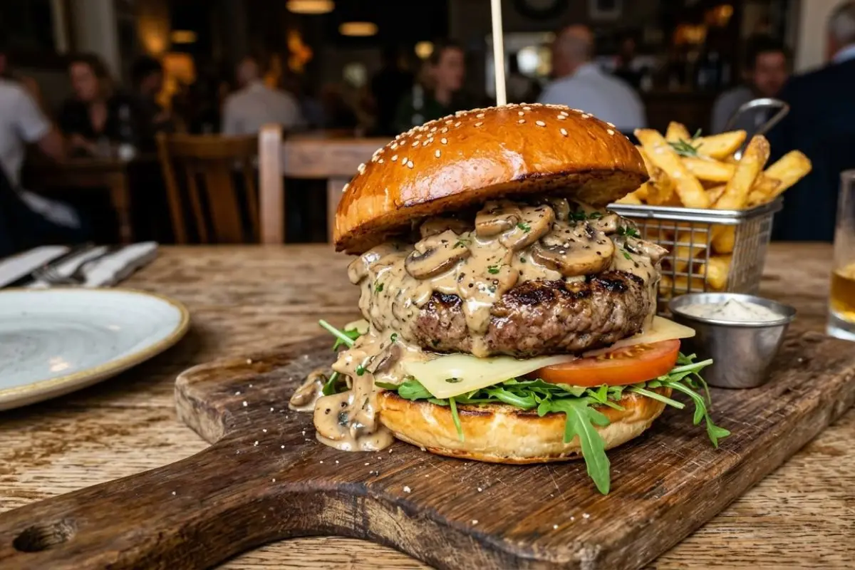 La salsa de champiñones y whisky le da un toque gourmet a la tradicional hamburguesa.