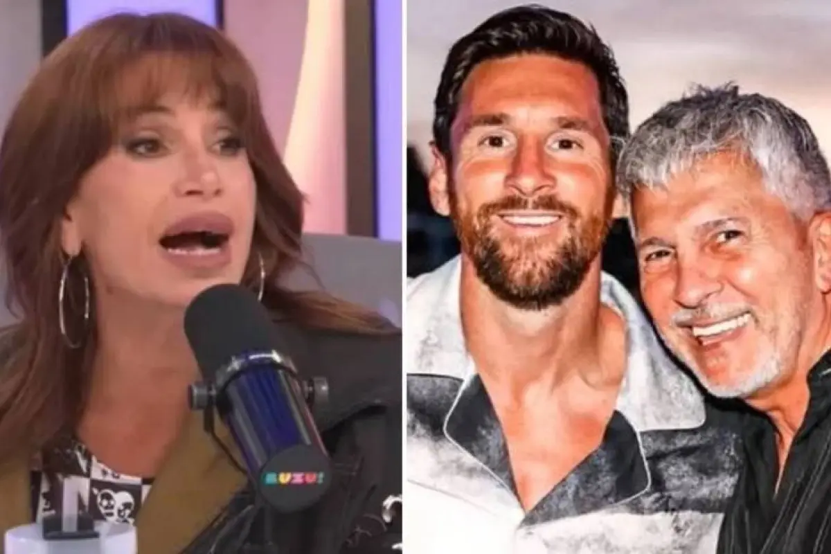 La actriz, comediante y conductora Florencia Peña junto a una imagen de Lio Messi y su papá Jorge., Foto: Agencias