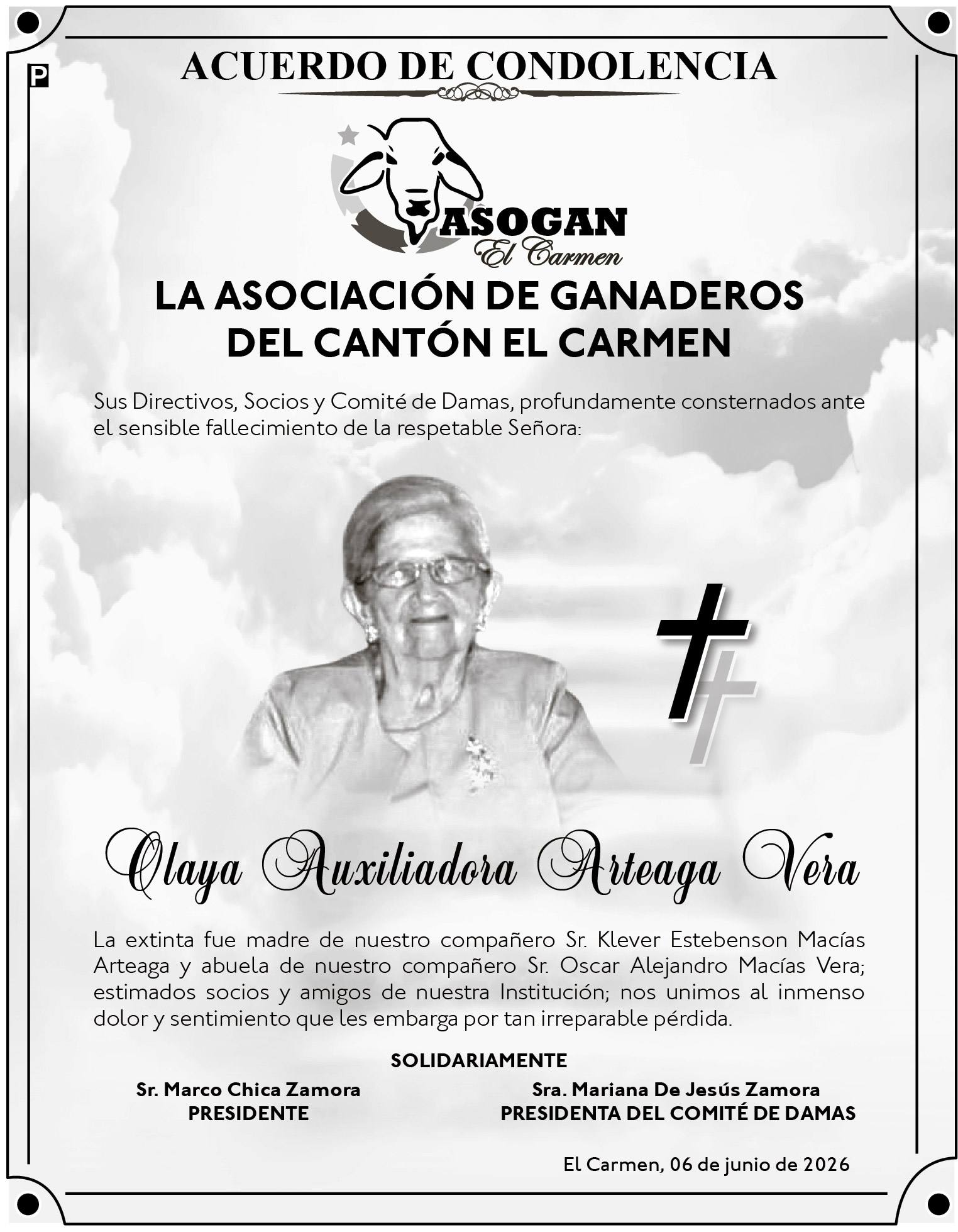 CONDOLENCIA OLAYA AUXILIADORA ARTEAGA VERA, medios ediasa