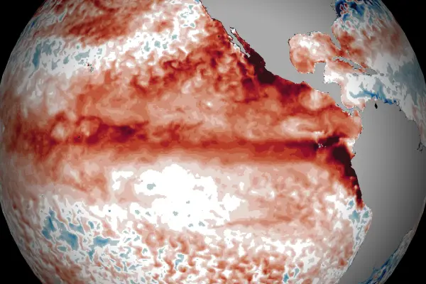 Mapa del océano Pacífico con la expansión de El Niño Costero