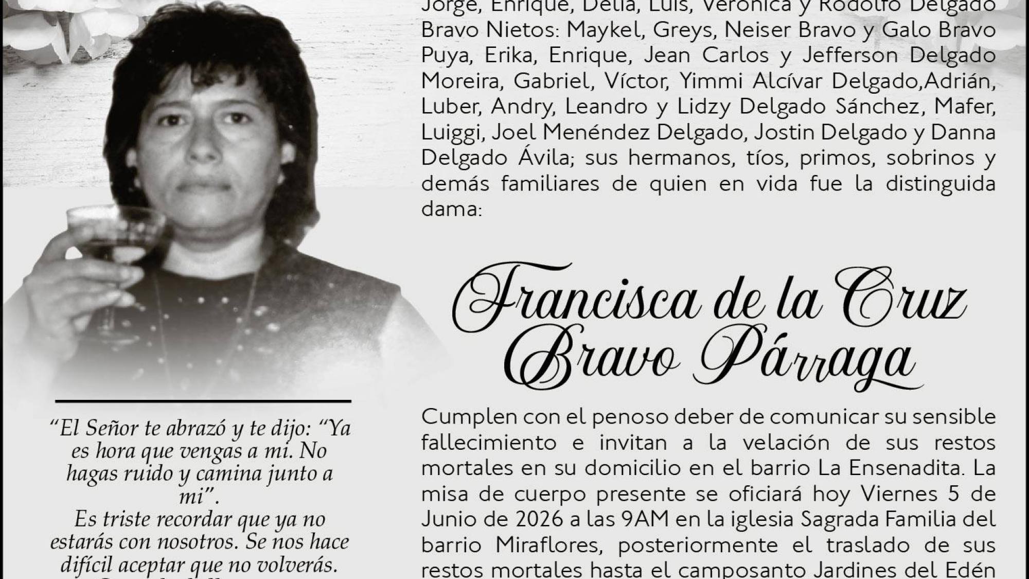 SEPELIO FRANCISCA DE LA CRUZ BRAVO PARRAGA