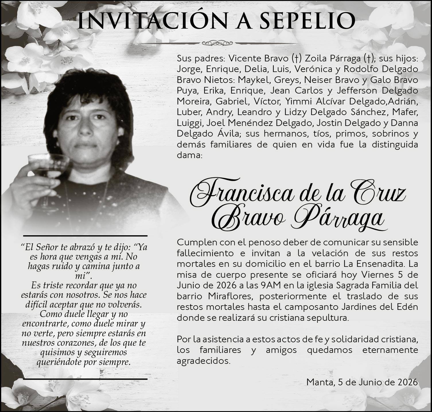 SEPELIO FRANCISCA DE LA CRUZ BRAVO PARRAGA, medios ediasa