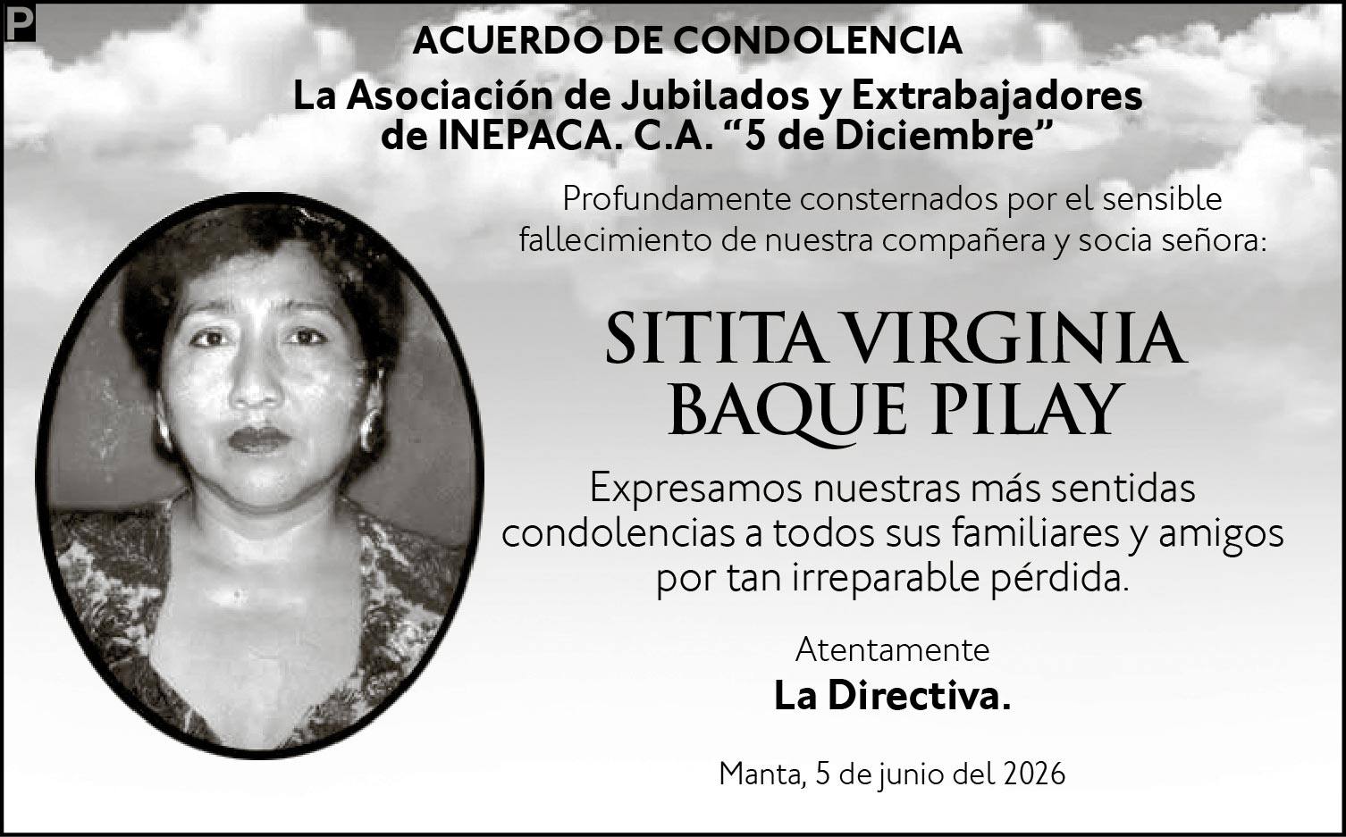 CONDOLENCIA SITITA VIRGINIA BAQUE PILAY, medios ediasa
