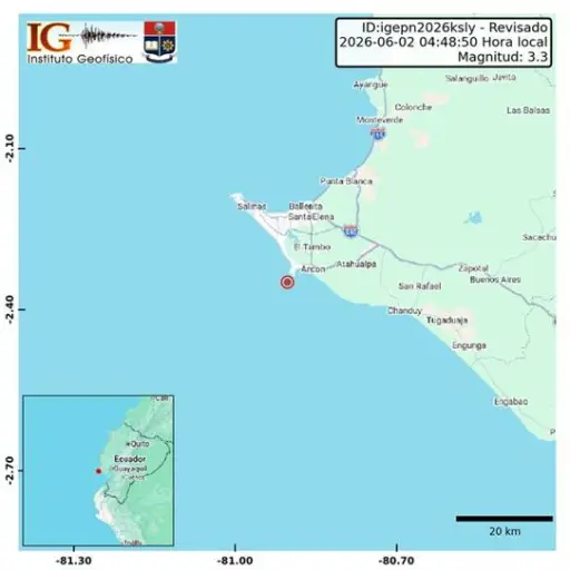 Sismo de magnitud 3,3 se registró en Santa Elena la madrugada de este 2 de junio