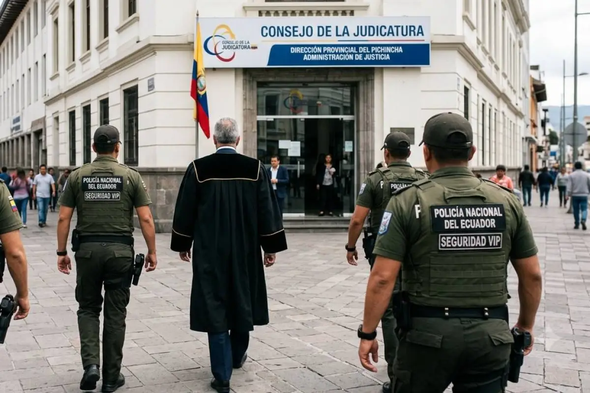 Varios jueces en el Ecuador disponen de seguridad por parte de elementos de la Policía Nacional debido a amenazas relacionadas a su trabajo., Foto: Recreación con IA