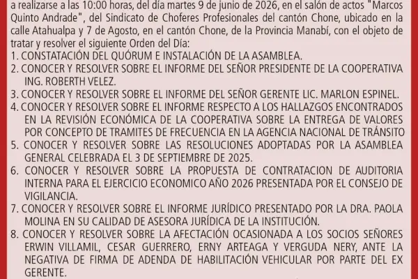 Cooperativa Reina del Camino convoca a Asamblea General Ordinaria