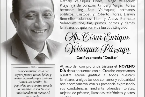 AGRADECIMIENTO Y NOVENARIO CESAR ENRIQUE VELASQUEZ PARRAGA ,medios ediasa