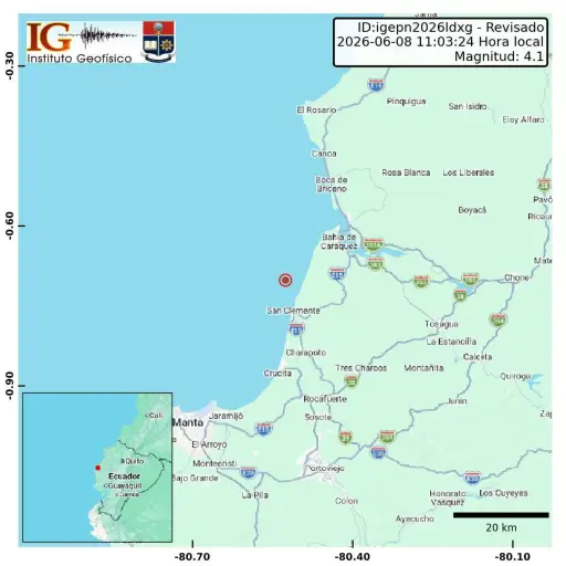 Sismo de 4,1 se registró en Bahía de Caráquez la mañana de este lunes 8 de junio