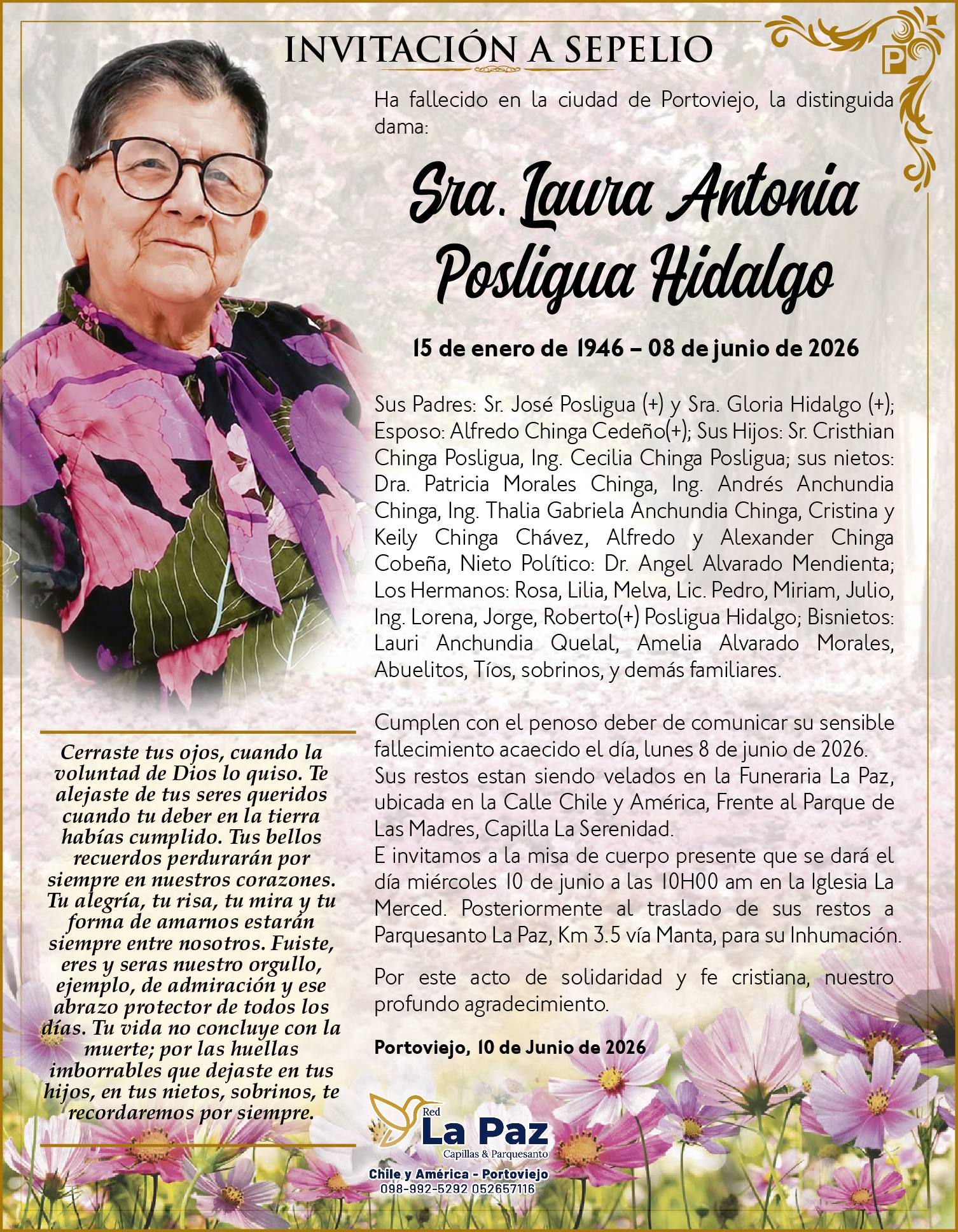 SEPELIO SRA LAURA ANTONIA POSLIGUA HIDALGO, Medios Ediasa