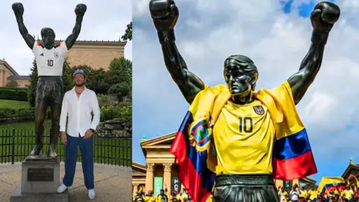 AU-D revirtió la maldición de Rocky Balboa sobre Ecuador y presume foto de la estatua con camiseta de Alemania